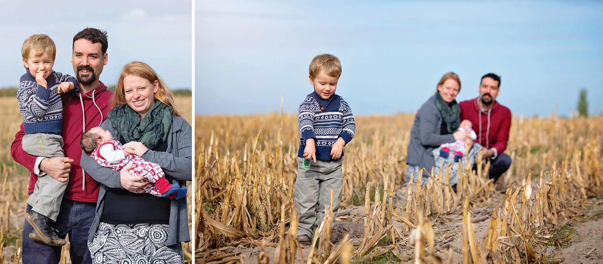 Familienfotografie: Eine Familie mit zwei Kindern steht auf einem abgeernteten Maisfeld und lässt sich fotografieren