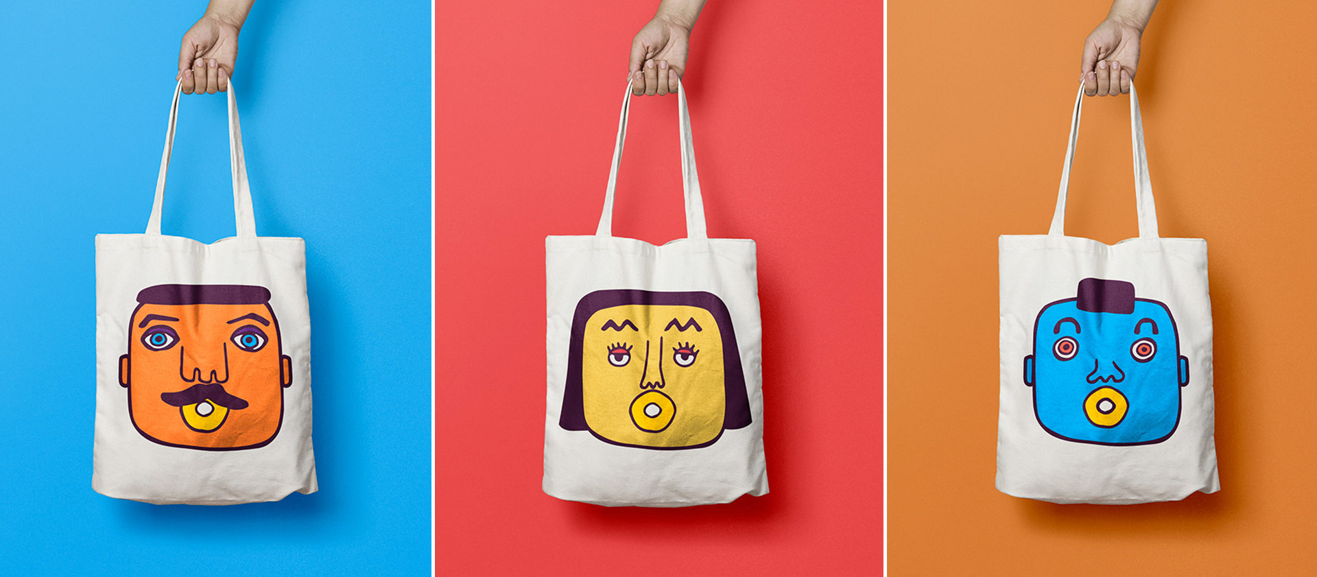 Einkaufstaschen mit Illustrationen von unterschiedlichen Gesichtern in verschiedenen Farben